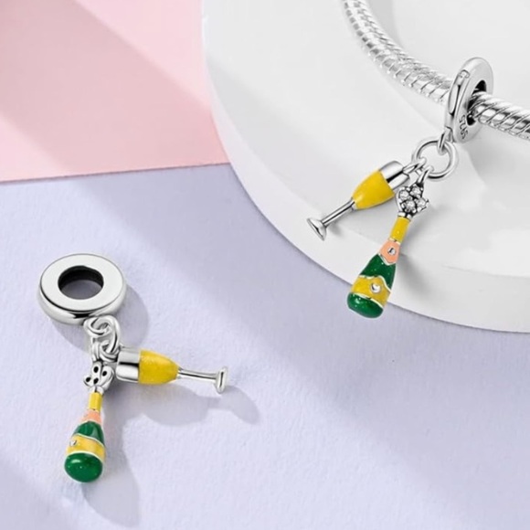 Champagne and glass charm fits all Pandora bracelets sterling silver - Picture 2 of 3